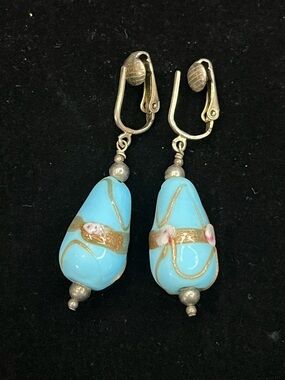 1654 Vintage Blue Glass Drop Clip Earrings with Lamp work